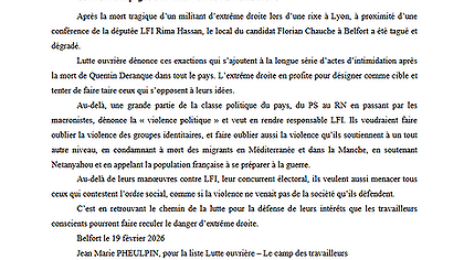 Illustration Communiqué de Jean-Marie Pheulpin, qui dirige la liste : "Lutte Ouvrière, le camp des travailleurs" à Belfort